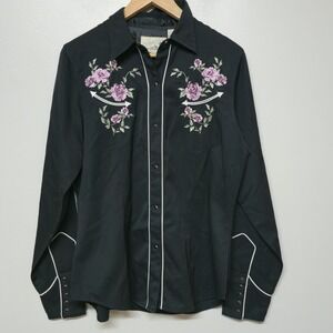 Vintage Women's Roper Black Western Shirt Pink‎ Embroidered Roses Snaps L Rodeo